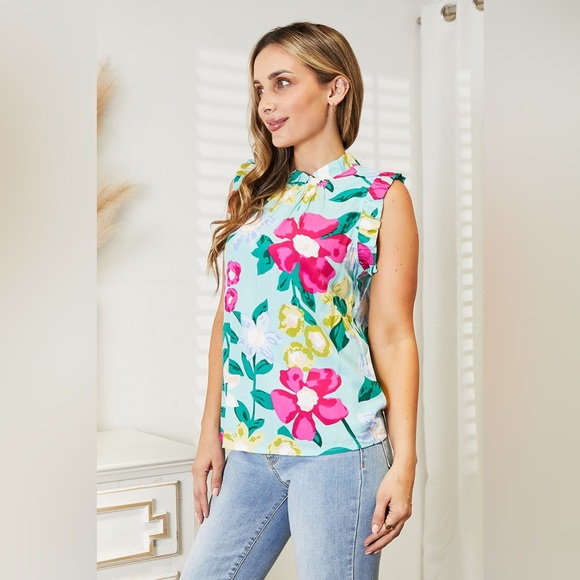 Double Take Floral Print Ruffle Shoulder Blouse - Picture 3 of 8